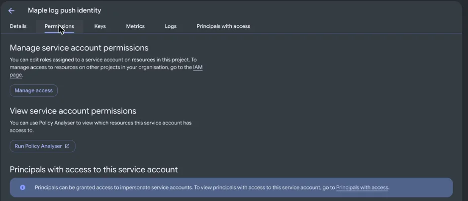The service account's tabs Details, Permissions, Keys, Metrics, Logs and Principals with access, with a note pointing to Principals with access.