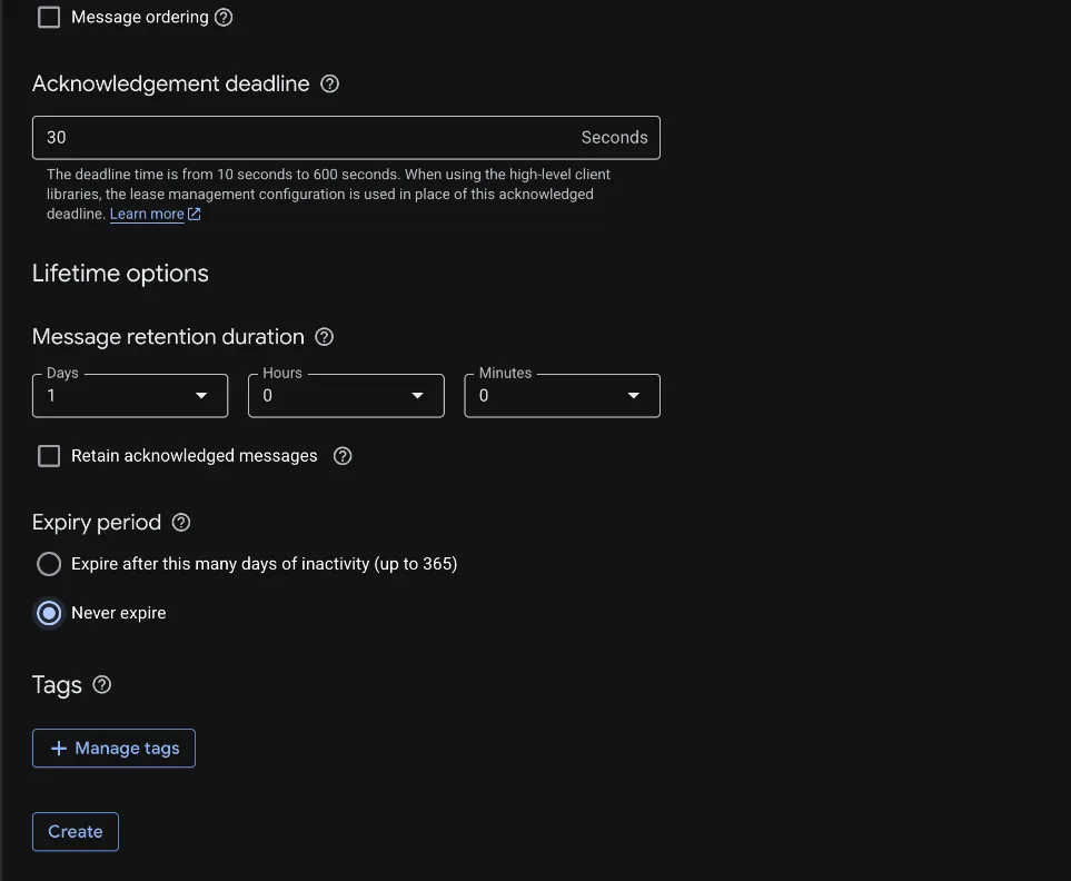 Message retention duration 1 day, 0 hours, 0 minutes, and Expiry period set to Never expire, above the Create button.