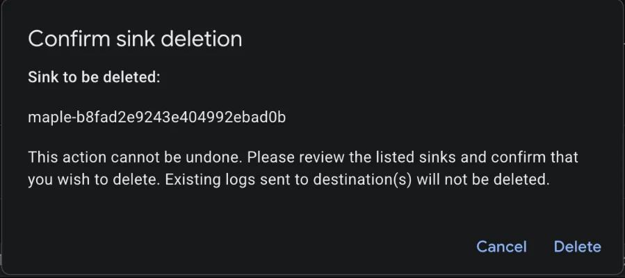 The Confirm sink deletion modal naming the Maple sink.