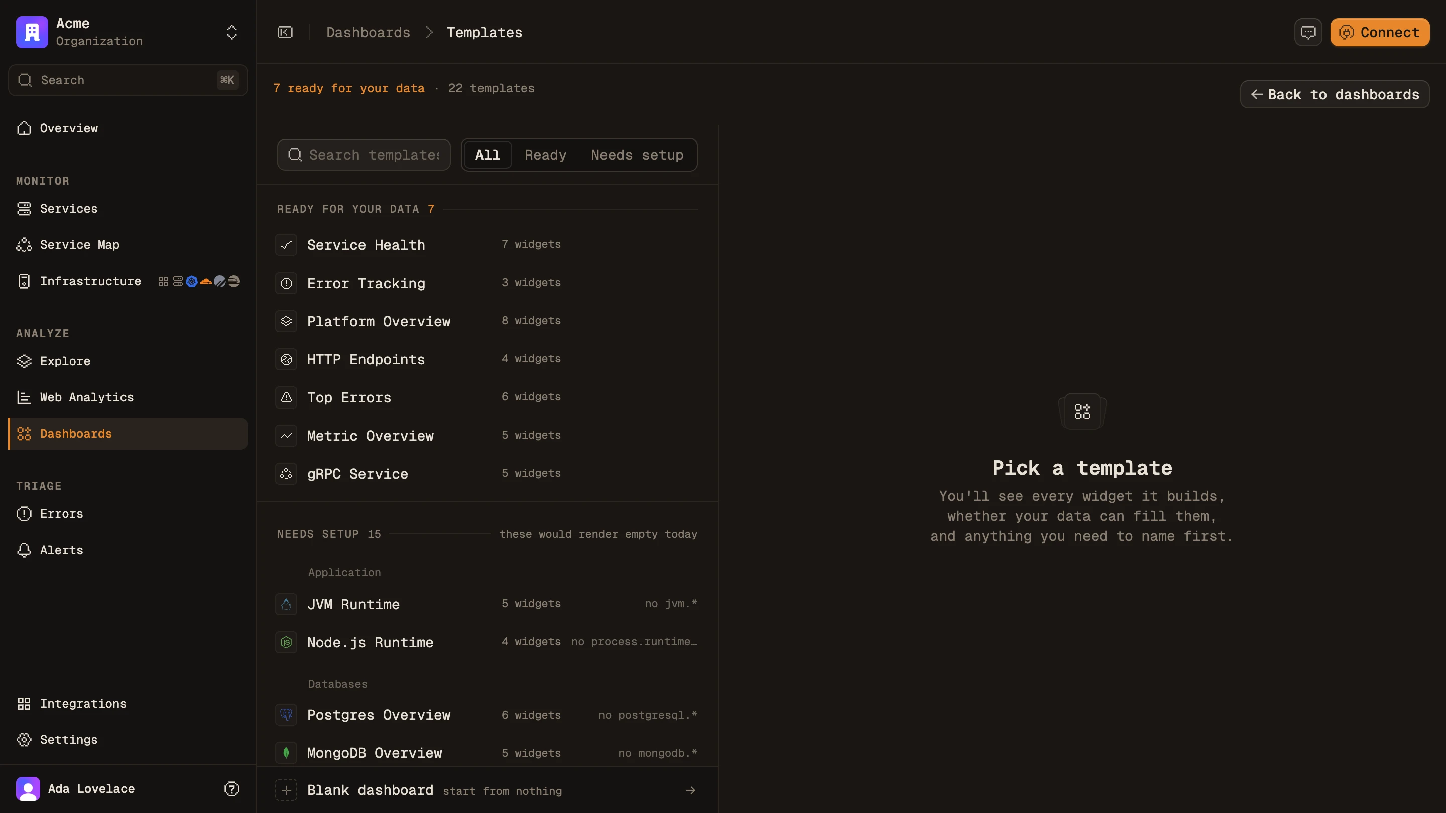 Dashboard templates sorted by which ones the incoming telemetry can fill