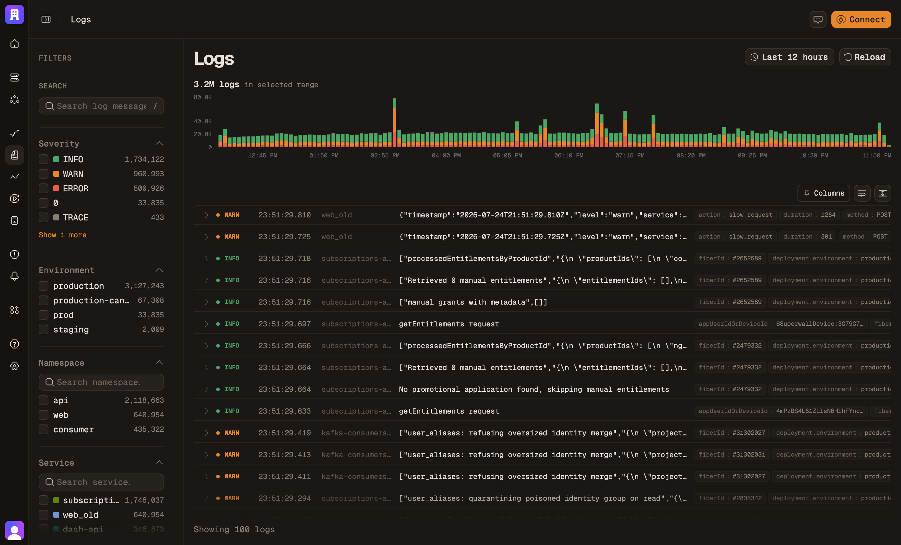 Structured log search with severity facets and attribute filters